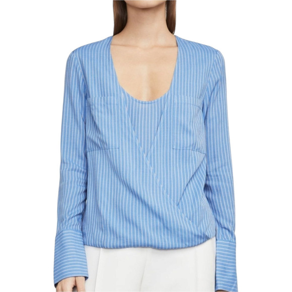BCBGMAXAZRIA GINEVRA Striped Blue Scoop-Neck Wrap Hi-Lo Long Sleeve Blouse L - Picture 1 of 10
